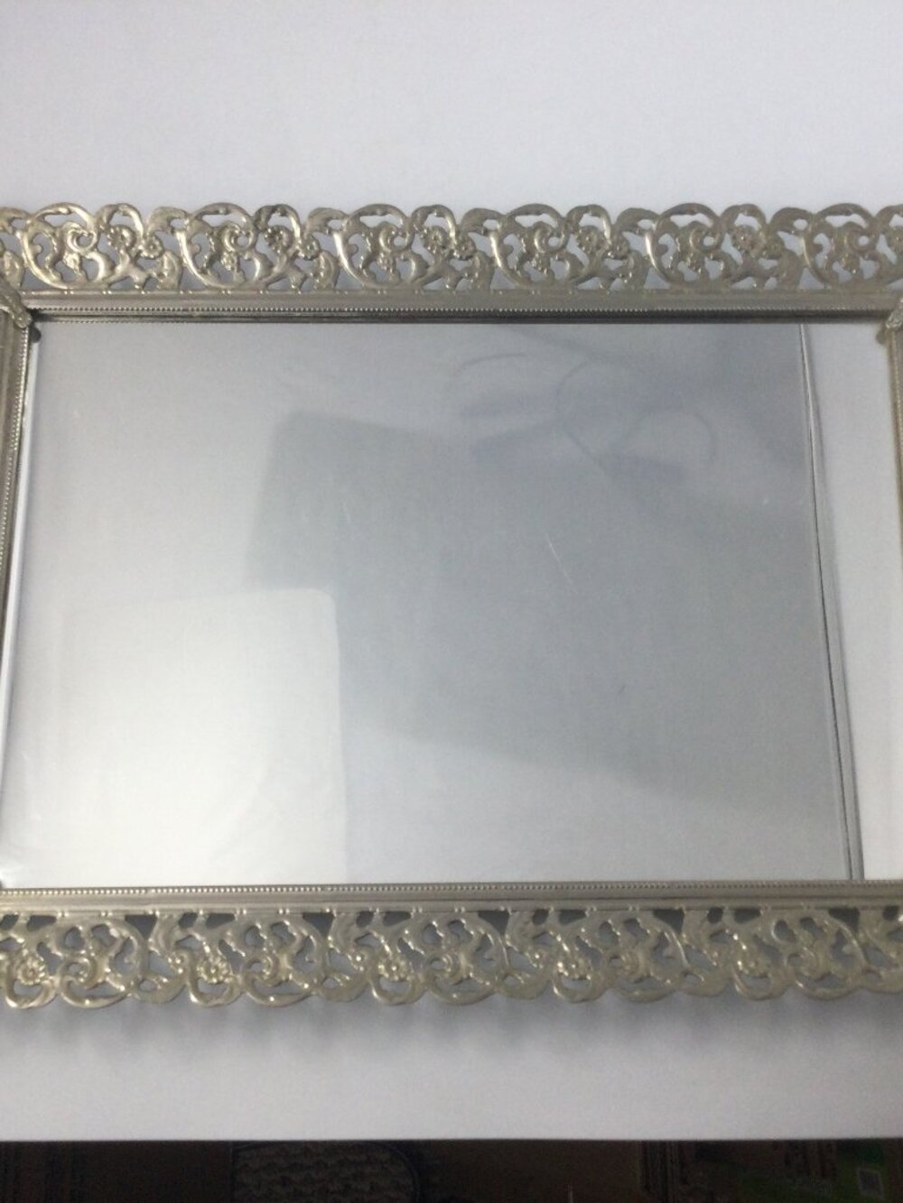 VTG Hollywood Regency Mirror Vanity Tray Filigree Ornate 14”X 10” Silver Tone